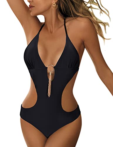 heekpek Einteiliger Badeanzug Damen V-Ausschnitt Sexy Neckholder Bikini Cut Out Triangel Bademode Damen, Schwarz 1#, L von heekpek