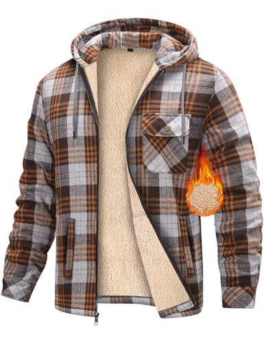 heekpek Fleecejacke Herren Hemdjacke Karierte Winter Kapuzenpullover Herren mit Reißverschluss Warme Kapuzenjacke Fleecefutter Hoodie Winterjacke Gefütterte Sweatjacke, Braun, M von heekpek