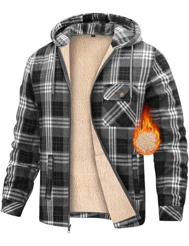 heekpek Fleecejacke Herren Hemdjacke Karierte Winter Kapuzenpullover Herren mit Reißverschluss Warme Kapuzenjacke Fleecefutter Hoodie Winterjacke Gefütterte Sweatjacke, Grau, M von heekpek