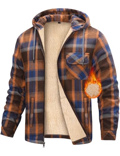heekpek Fleecejacke Herren Hemdjacke Karierte Winter Kapuzenpullover Herren mit Reißverschluss Warme Kapuzenjacke Fleecefutter Hoodie Winterjacke Gefütterte Sweatjacke, Orange, L von heekpek