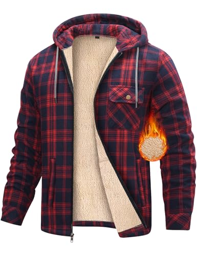 heekpek Fleecejacke Herren Hemdjacke Karierte Winter Kapuzenpullover Herren mit Reißverschluss Warme Kapuzenjacke Fleecefutter Hoodie Winterjacke Gefütterte Sweatjacke, Rot, XL von heekpek
