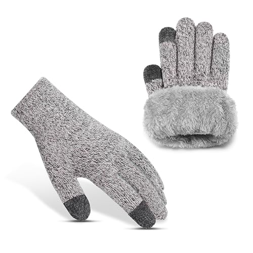 heekpek Handschuhe Winter Herren Touchscreen Handschuhe Damen Winter Strickhandschuhe mit Fleece Gefüttert Warm Winterhandschuhe Anti Rutsch Fingerhandschuhe, Hellgrau, S-M von heekpek