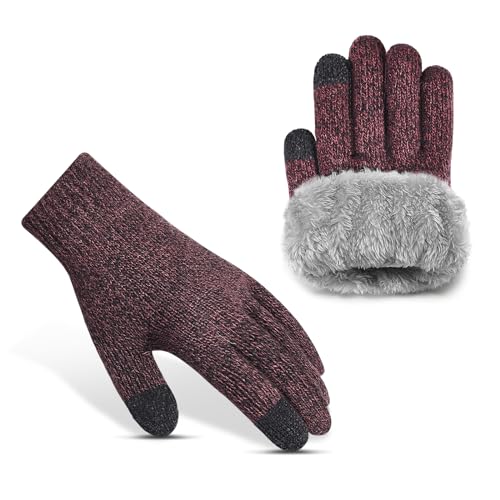 heekpek Handschuhe Winter Herren Touchscreen Handschuhe Damen Winter Strickhandschuhe mit Fleece Gefüttert Warm Winterhandschuhe Anti Rutsch Fingerhandschuhe, Rotwein, S-M von heekpek