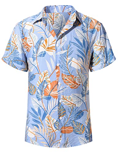 heekpek Hawaii Hemd Männer Sommer Hawaii Hemd Kurzarm Strand Freizeithemden Resort Shirt mit Palmen Blumen Hawaii-Print, Hellblau, L von heekpek