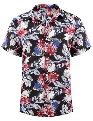heekpek Hawaii Hemd Männer Sommer Hawaii Hemd Kurzarm Strand Freizeithemden Resort Shirt mit Palmen Blumen Hawaii-Print, Schwarz mit rote blätter, L von heekpek
