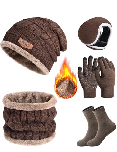 heekpek Herren Mütze Schal Handschuhe Ohrenwärmer Socken Set in Geschenkbox Thermo Gestrickt Wintermütze Loop Schal Touchscreen Handschuhe Herren Winterzubehör 5-teiliges Set, Braun von heekpek