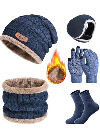heekpek Herren Mütze Schal Handschuhe Ohrenwärmer Socken Set in Geschenkbox Thermo Gestrickt Wintermütze Loop Schal Touchscreen Handschuhe Herren Winterzubehör 5-teiliges Set, Marineblau von heekpek