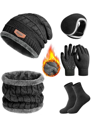 heekpek Herren Mütze Schal Handschuhe Ohrenwärmer Socken Set in Geschenkbox Thermo Gestrickt Wintermütze Loop Schal Touchscreen Handschuhe Herren Winterzubehör 5-teiliges Set, Schwarz von heekpek