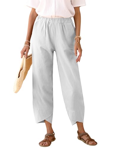 heekpek Hose Damen Sommer Leicht Baumwolle Leinen Bequeme Hohe Taille Dünne Sommerhose Damen 7/8 Weite Luftig Freizeithose, Beige, L von heekpek