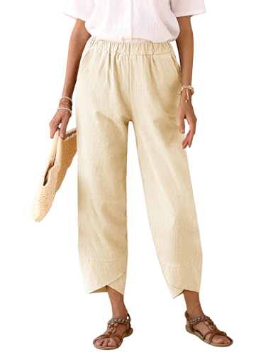 heekpek Hose Damen Sommer Leicht Baumwolle Leinen Bequeme Hohe Taille Dünne Sommerhose Damen 7/8 Weite Luftig Freizeithose, Hell Khaki, M von heekpek