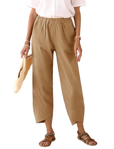 heekpek Hose Damen Sommer Leicht Baumwolle Leinen Bequeme Hohe Taille Dünne Sommerhose Damen 7/8 Weite Luftig Freizeithose, Khaki, L von heekpek