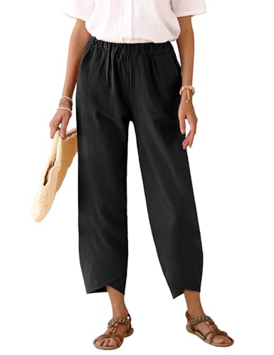 heekpek Hose Damen Sommer Leicht Baumwolle Leinen Bequeme Hohe Taille Dünne Sommerhose Damen 7/8 Weite Luftig Freizeithose, Schwarz, XXL von heekpek