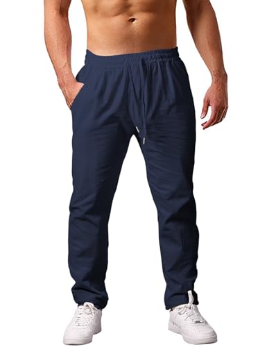 heekpek Hose Herren Casual Baumwolle Sommerhose Bequeme Hose Herren Leicht Loose Fit Freizeithose Strandhose Herren, Navy, XXL von heekpek