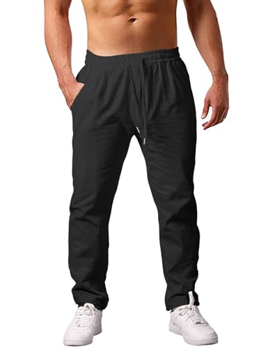 heekpek Hose Herren Casual Baumwolle Sommerhose Bequeme Hose Herren Leicht Loose Fit Freizeithose Strandhose Herren, Schwarz, L von heekpek