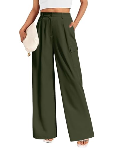 heekpek Hosen Damen Lockere Business Hose Weites Bein Freizeithose Hohe Taille Y2K Casual Stoffhose Damenhosen mit Gummibund und Tasche, Grün, XXL von heekpek