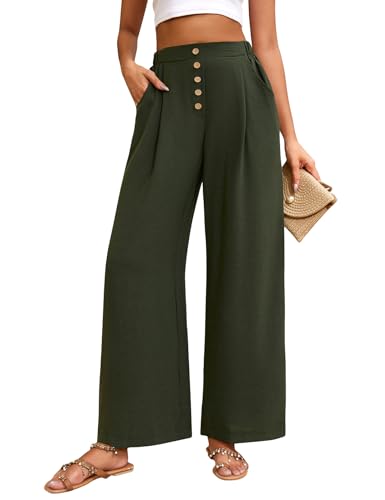 heekpek Hosen Damen Sommer Locker Sommerhose Damen Leicht Elegant Stoffhose Bequeme High Waist Hose Weites Bein Damen Luftig Eisseide Strandhose, Armeegrün, S von heekpek