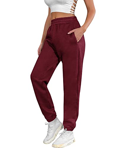 heekpek Jogginghose Damen Baumwolle Wärme Sporthose Damen Lang Sweatpants Lässige Lose Dick Freizeithose Damen Warme Hose für Winter, Weinrot, L von heekpek