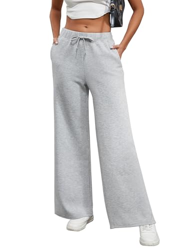 heekpek Jogginghose Damen Lang Freizeithose High Waist Elegante Jogginghose Weites Bein Loungehose Kordelzug Bequem Hosen mit Taschen, Hellgrau, L von heekpek