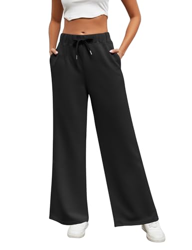 heekpek Jogginghose Damen Lang Freizeithose High Waist Elegante Jogginghose Weites Bein Loungehose Kordelzug Bequem Hosen mit Taschen, Schwarz, M von heekpek