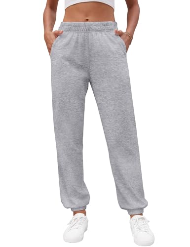 heekpek Jogginghose Damen Lang Sporthose Bequeme Freizeithose High Waist Gummibund Sweathose mit Taschen Dünne Lässige Jogginghose für Frühling und Sommer, Hellgrau, L von heekpek