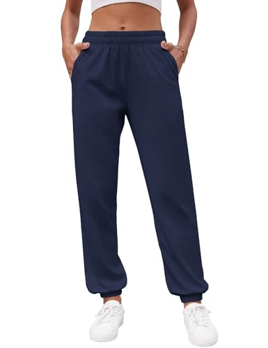 heekpek Jogginghose Damen Lang Sporthose Bequeme Freizeithose High Waist Gummibund Sweathose mit Taschen Dünne Lässige Jogginghose für Frühling und Sommer, Marineblau, M von heekpek