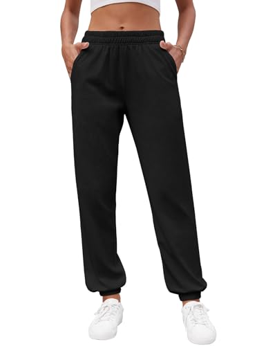 heekpek Jogginghose Damen Lang Sporthose Bequeme Freizeithose High Waist Gummibund Sweathose mit Taschen Dünne Lässige Jogginghose für Frühling und Sommer, Schwarz, M von heekpek