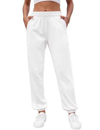 heekpek Jogginghose Damen Lang Sporthose Bequeme Freizeithose High Waist Gummibund Sweathose mit Taschen Dünne Lässige Jogginghose für Frühling und Sommer, Weiß, M von heekpek