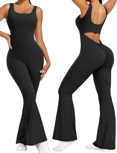 heekpek Jumpsuit Damen Lang Flared Ärmelloser Tank Top Rückenfrei Yoga Jumpsuit Damen Eng Sport Scrunch Butt Overall Elegant Ganzkörperanzug Damen Sexy, Schwarz, S von heekpek