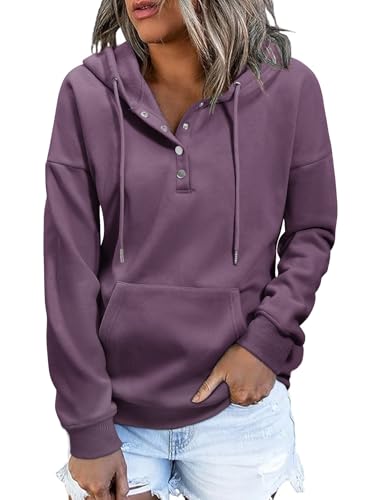 heekpek Kapuzenpullover Damen Hoodie Herbst Winter Warme Sweatshirt Langarm V Ausschnitt Knopfleiste Casual Kapuzenpulli Fleece Pullover für Damen, Lila, M von heekpek