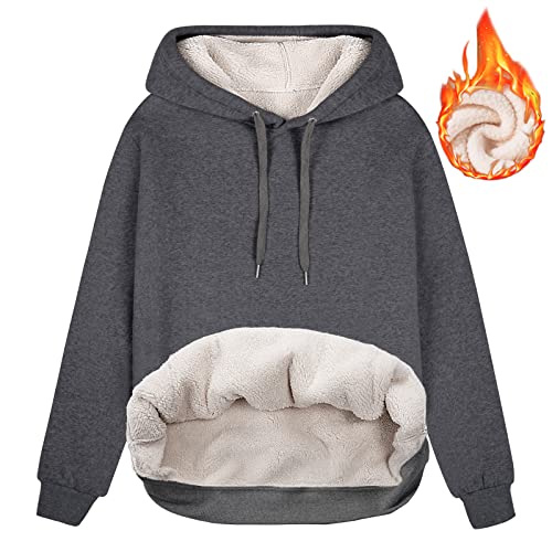 heekpek Kapuzenpullover Damen Hoodie Sweatshirt Warm Sherpa Futter Casual Lose Kapuzenpullover Damen Winter Herbst Fleecepullover Basic, Dunkelgrau, XXL von heekpek