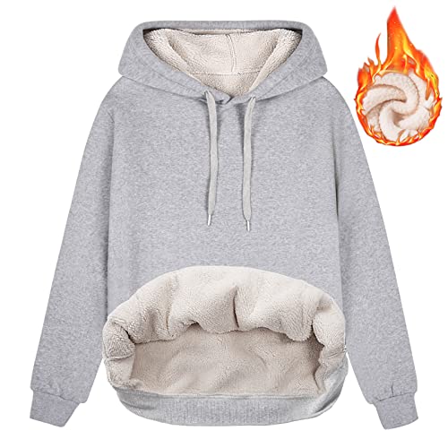 heekpek Kapuzenpullover Damen Hoodie Sweatshirt Warm Sherpa Futter Casual Lose Kapuzenpullover Damen Winter Herbst Fleecepullover Basic, Hellgrau, XL von heekpek