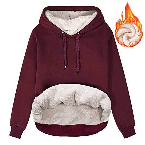 heekpek Kapuzenpullover Damen Hoodie Sweatshirt Warm Sherpa Futter Casual Lose Kapuzenpullover Damen Winter Herbst Fleecepullover Basic, Rotwein, L von heekpek