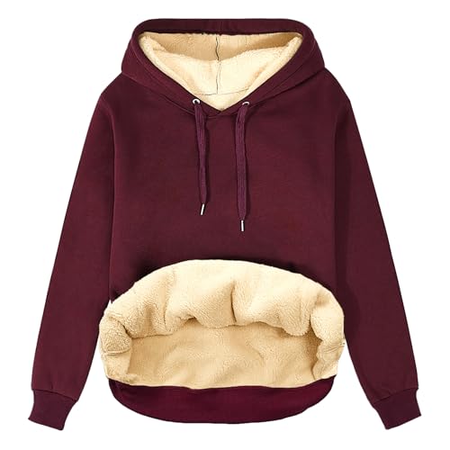 heekpek Kapuzenpullover Damen Hoodie Sweatshirt Warm Sherpa Futter Casual Lose Kapuzenpullover Damen Winter Herbst Fleecepullover Basic, Rotwein, XXL von heekpek