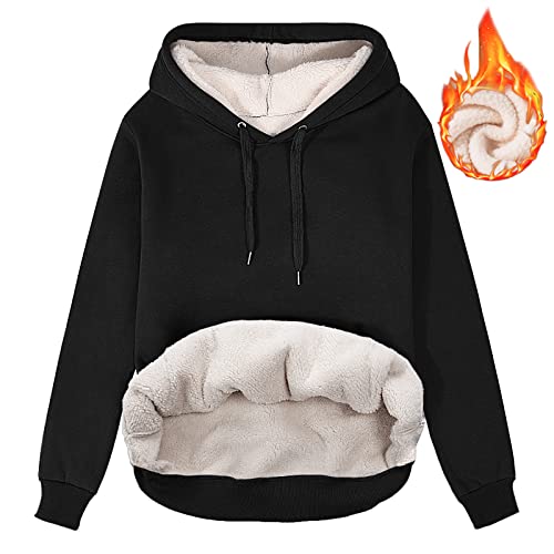 heekpek Kapuzenpullover Damen Hoodie Sweatshirt Warm Sherpa Futter Casual Lose Kapuzenpullover Damen Winter Herbst Fleecepullover Basic, Schwarz, XL von heekpek