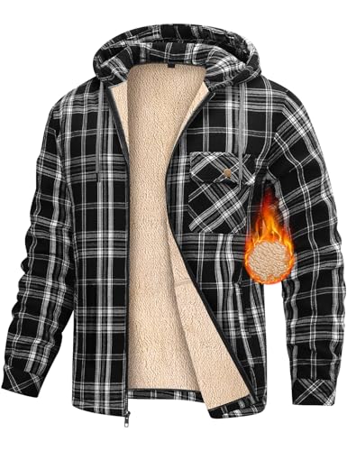 heekpek Fleecejacke Herren Hemdjacke Karierte Winter Kapuzenpullover Herren mit Reißverschluss Warme Kapuzenjacke Fleecefutter Hoodie Winterjacke Gefütterte Sweatjacke, Schwarz, L von heekpek
