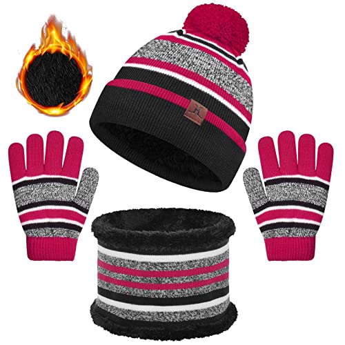 heekpek Kinder Wintermütze Winterschal Handschuhe Set Warme Streifen Strickmütze Loop Schal Handschuhe Kinder Mädchen Winterschal Set für Kinder 3 bis 7 Jahren von heekpek