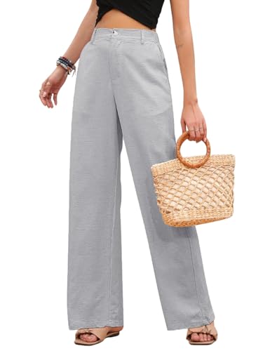 heekpek Leinenhose Damen Sommer Leichte High Waist Hose Damen Bequeme Lang Stoffhose Lockere Gerade Geschnitten Sommerhose Freizeithose mit Taschen, Hellgrau, L von heekpek