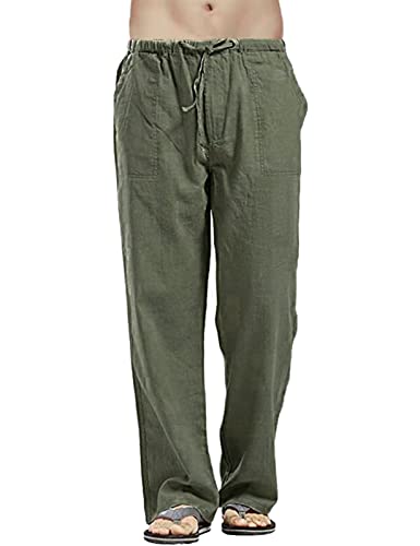 heekpek Leinenhose Herren Lang Leicht Sommerhose Herren Baumwoll Leinen Hose Regular Fit Gerade Hosen Freizeithose Strand Leinenhose Herren für Ferien, Armeegrün, XL von heekpek