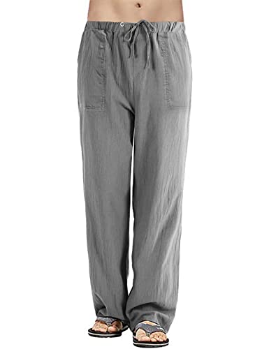 heekpek Leinenhose Herren Lang Leicht Sommerhose Herren Baumwoll Leinen Hose Regular Fit Gerade Hosen Freizeithose Strand Leinenhose Herren für Ferien, Hellgrau, L von heekpek