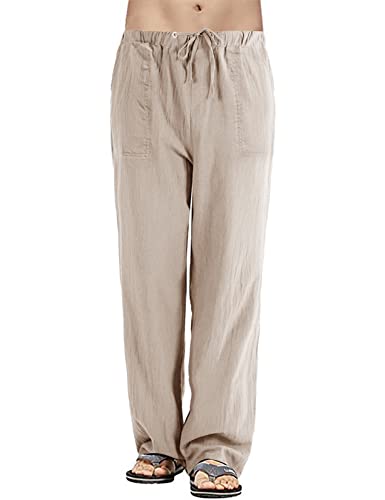 heekpek Leinenhose Herren Lang Leicht Sommerhose Herren Baumwoll Leinen Hose Regular Fit Gerade Hosen Freizeithose Strand Leinenhose Herren für Ferien, Khaki, L von heekpek