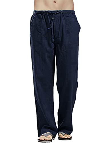 heekpek Leinenhose Herren Lang Leicht Sommerhose Herren Baumwoll Leinen Hose Regular Fit Gerade Hosen Freizeithose Strand Leinenhose Herren für Ferien, Navy blau, L von heekpek