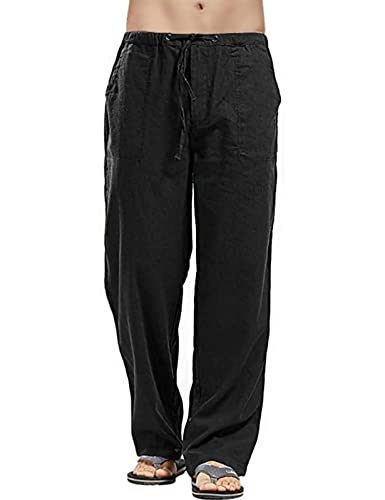 heekpek Leinenhose Herren Lang Leicht Sommerhose Herren Baumwoll Leinen Hose Regular Fit Gerade Hosen Freizeithose Strand Leinenhose Herren für Ferien, Schwarz, XL von heekpek