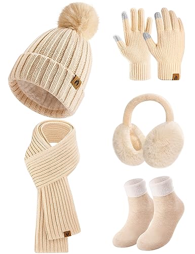 heekpek Mütze Schal Handschuhe Ohrenschützer und Socken Set Damen 5 Stücke Warme Wintermütze Winterschal Strick Winterzubehör Winterset 5 in 1, Beige von heekpek