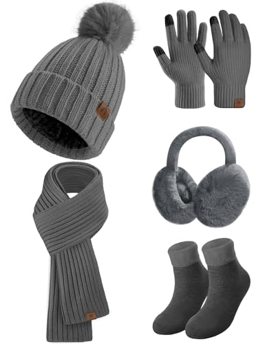 heekpek Mütze Schal Handschuhe Ohrenschützer und Socken Set Damen 5 Stücke Warme Wintermütze Winterschal Strick Winterzubehör Winterset 5 in 1, Dunkelgrau von heekpek