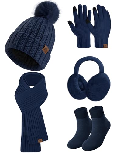 heekpek Mütze Schal Handschuhe Ohrenschützer und Socken Set Damen 5 Stücke Warme Wintermütze Winterschal Strick Winterzubehör Winterset 5 in 1, Marineblau von heekpek