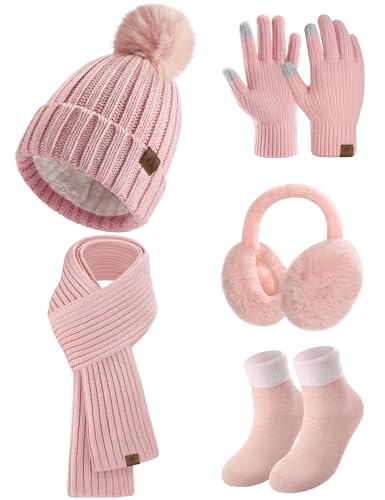 heekpek Mütze Schal Handschuhe Ohrenschützer und Socken Set Damen 5 Stücke Warme Wintermütze Winterschal Strick Winterzubehör Winterset 5 in 1, Rosa von heekpek