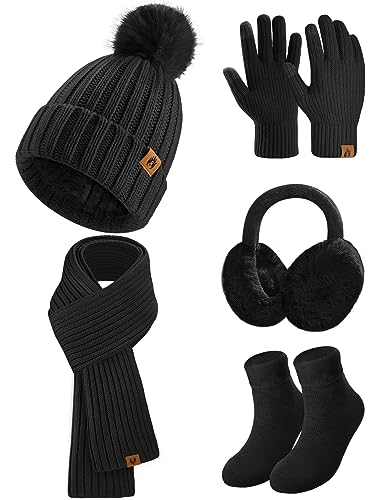 heekpek Mütze Schal Handschuhe Ohrenschützer und Socken Set Damen 5 Stücke Warme Wintermütze Winterschal Strick Winterzubehör Winterset 5 in 1, Schwarz von heekpek