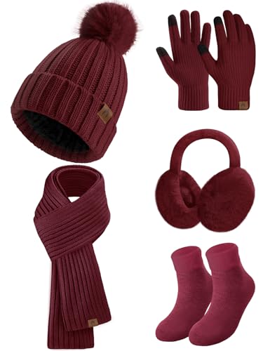heekpek Mütze Schal Handschuhe Ohrenschützer und Socken Set Damen 5 Stücke Warme Wintermütze Winterschal Strick Winterzubehör Winterset 5 in 1, Weinrot von heekpek