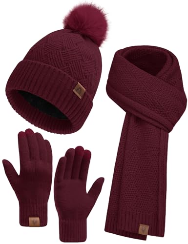 heekpek Mütze Schal Touchscreen Handschuhe Set für Damen Winter Frauen Geschenkset Beanie mit Bommel Fleece Gefütterte Warm Wintermütze 3 in 1 Set, Lila Rot von heekpek