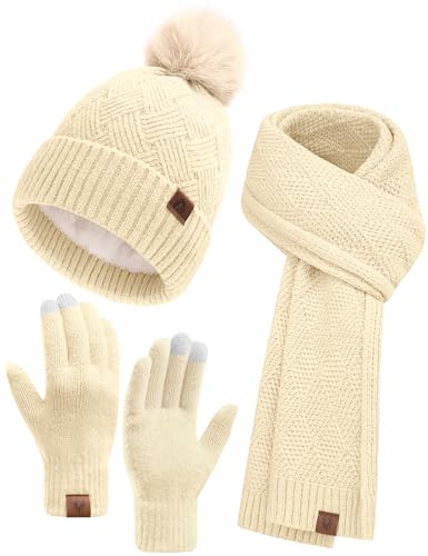 heekpek Mütze Schal Touchscreen Hhandschuhe Set für Damen Winter Frauen Geschenkset Beanie mit Bommel Fleece Gefütterte Warm Wintermütze 3 in 1 Set, Aprikose von heekpek